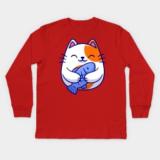 Cute Cat Holding Fish Cartoon Kids Long Sleeve T-Shirt